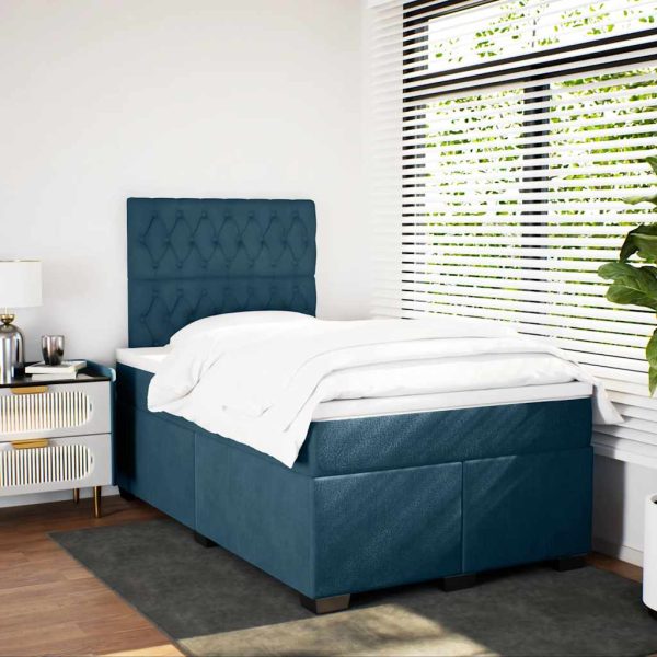 Pat box spring cu saltea, albastru, 120×190 cm, catifea