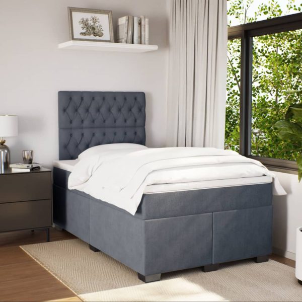 Pat box spring cu saltea, gri închis, 120×200 cm, catifea
