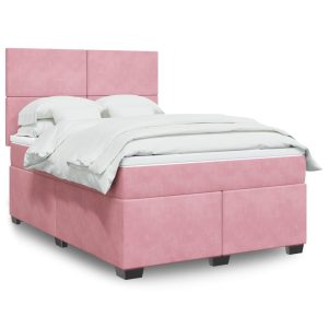 Pat box spring cu saltea, roz, 140×190 cm, catifea