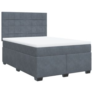 Pat box spring cu saltea, gri închis, 140×190 cm, catifea