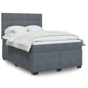 Pat box spring cu saltea, gri închis, 140×190 cm, catifea