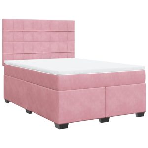 Pat box spring cu saltea, roz, 140×190 cm, catifea