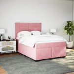 Pat box spring cu saltea, roz, 140×190 cm, catifea