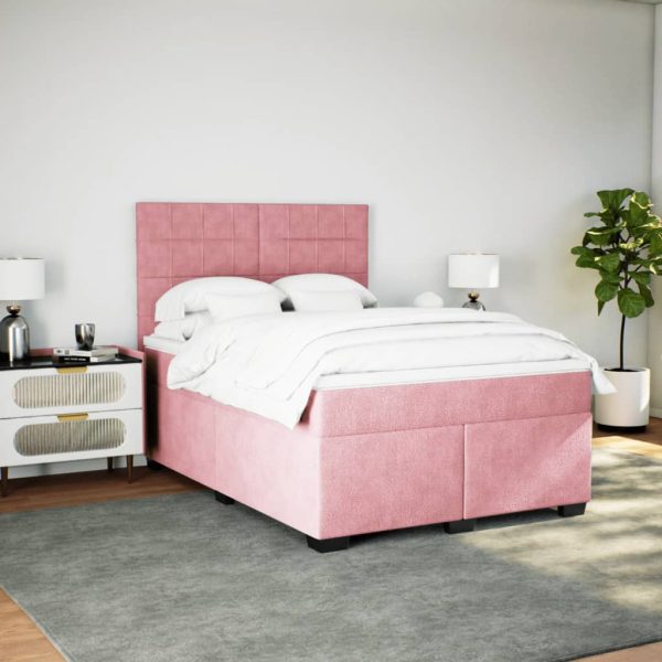Pat box spring cu saltea, roz, 140×190 cm, catifea
