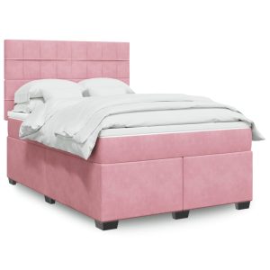 Pat box spring cu saltea, roz, 140×190 cm, catifea