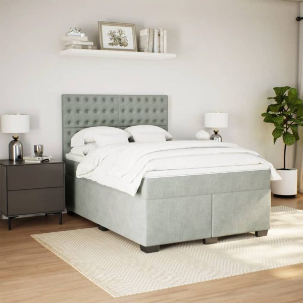 Pat box spring cu saltea, gri deschis, 140×190 cm, catifea