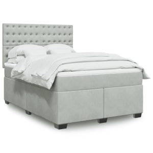 Pat box spring cu saltea, gri deschis, 140×190 cm, catifea