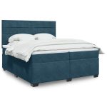 Pat box spring cu saltea, albastru, 200×200 cm, catifea