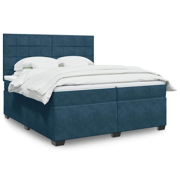 Pat box spring cu saltea, albastru, 200×200 cm, catifea