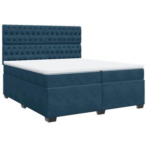 Pat box spring cu saltea, albastru, 200×200 cm, catifea