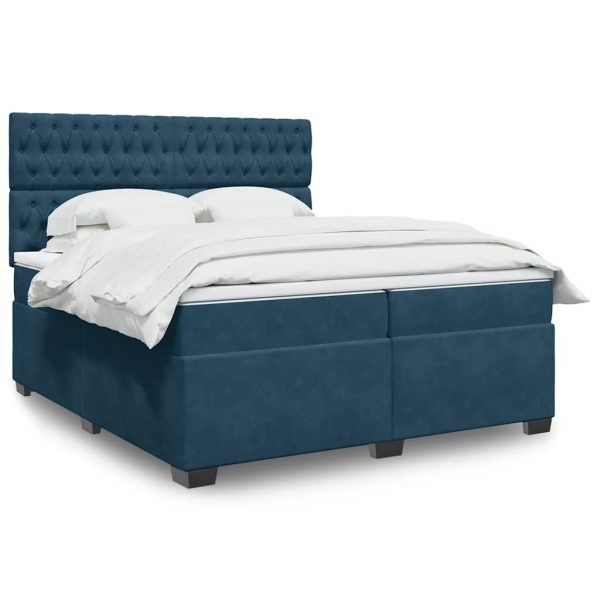Pat box spring cu saltea, albastru, 200×200 cm, catifea