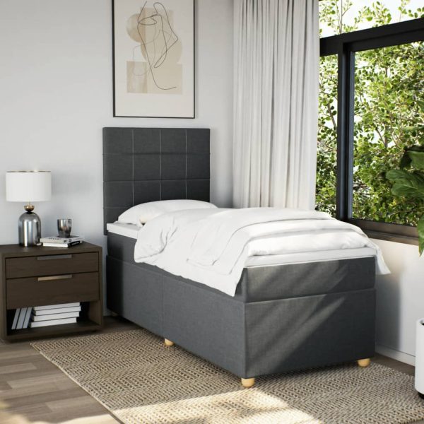 Pat box spring cu saltea, gri închis, 90×190 cm, textil
