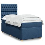 Pat box spring cu saltea, albastru, 90×190 cm, textil