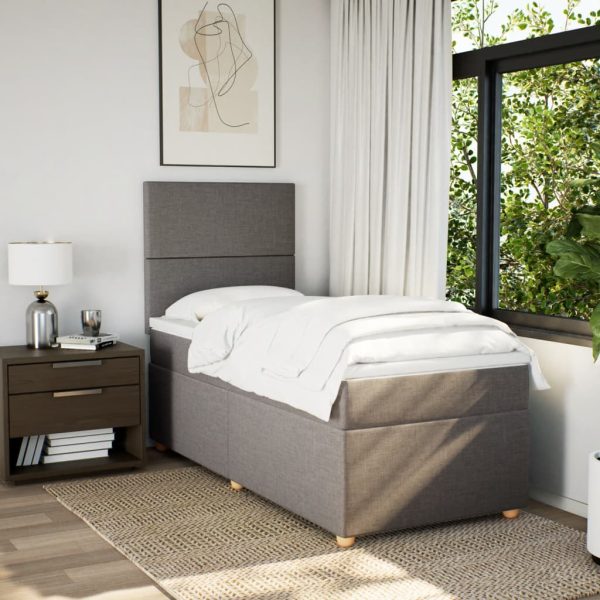 Pat box spring cu saltea, gri taupe, 90×200 cm, textil