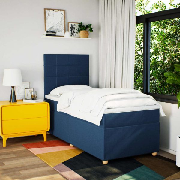 Pat box spring cu saltea, albastru, 90×200 cm, textil