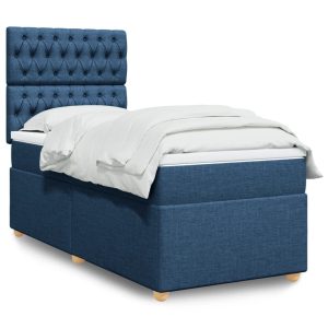 Pat box spring cu saltea, albastru, 90×200 cm, textil
