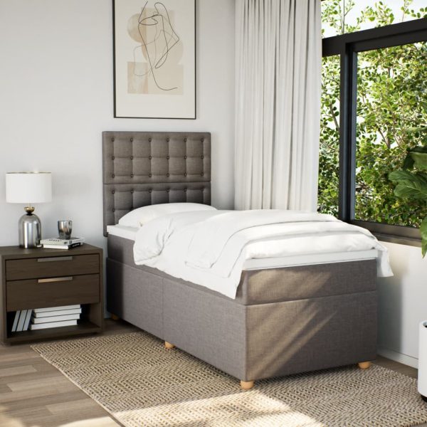 Pat box spring cu saltea, gri taupe, 90×200 cm, textil