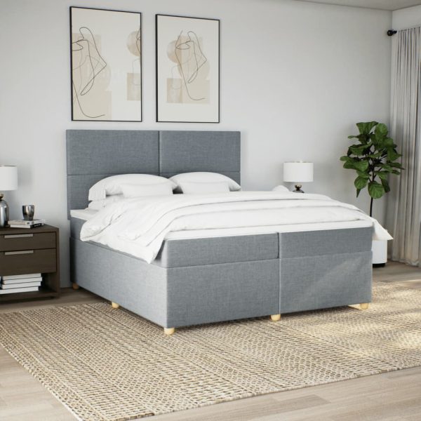 Pat box spring cu saltea, gri deschis, 200×200 cm, textil