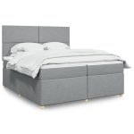 Pat box spring cu saltea, gri deschis, 200×200 cm, textil