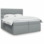 Pat box spring cu saltea, gri deschis, 200×200 cm, textil