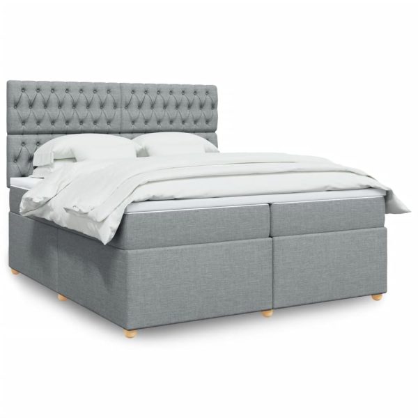 Pat box spring cu saltea, gri deschis, 200×200 cm, textil