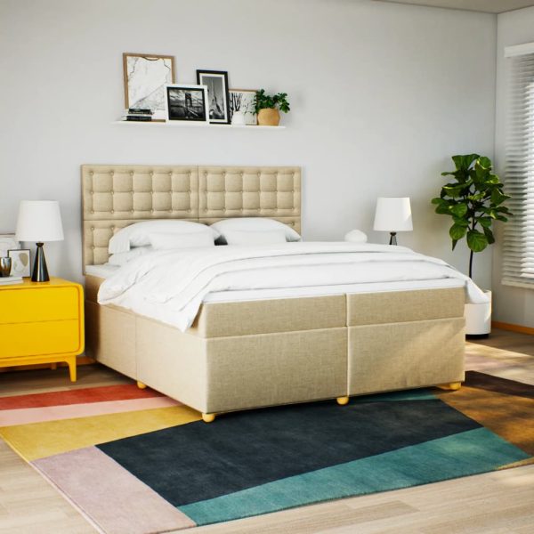 Pat box spring cu saltea, crem, 200×200 cm, textil