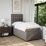 Pat box spring cu saltea, gri taupe, 90×200 cm, textil