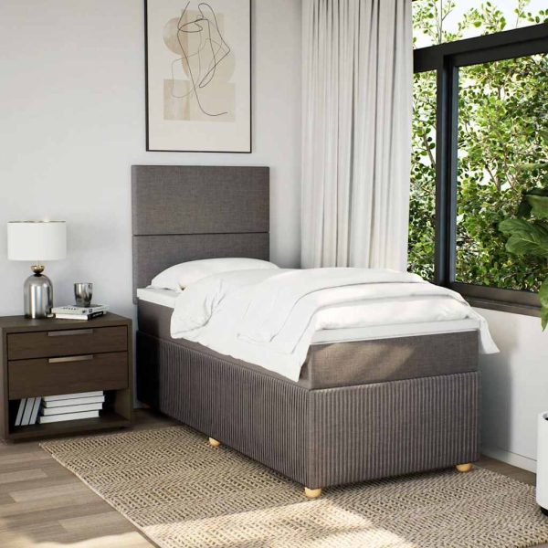 Pat box spring cu saltea, gri taupe, 90×190 cm, textil