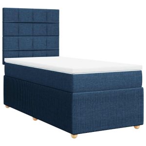 Pat box spring cu saltea, albastru, 90×190 cm, textil
