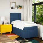 Pat box spring cu saltea, albastru, 90×190 cm, textil