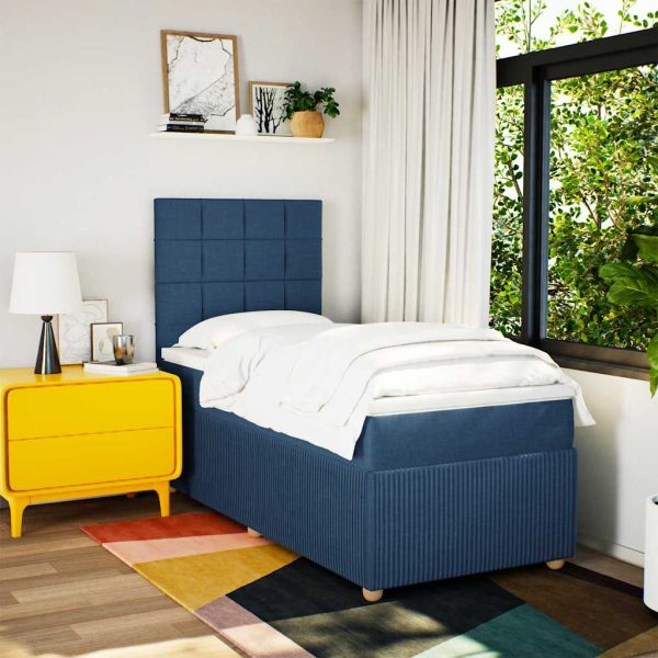Pat box spring cu saltea, albastru, 90×190 cm, textil