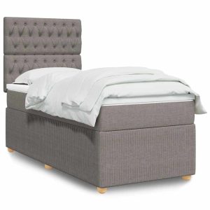 Pat box spring cu saltea, gri taupe, 90×190 cm, textil