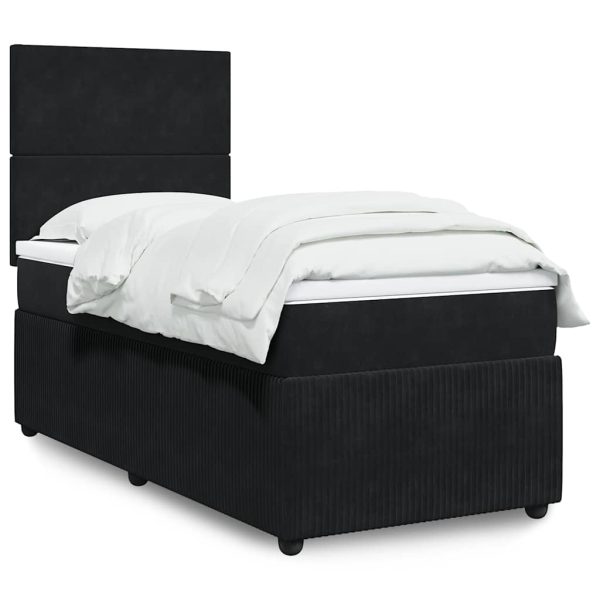 Pat box spring cu saltea, negru, 90×190 cm, catifea