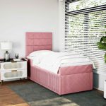 Pat box spring cu saltea, roz, 90×190 cm, catifea