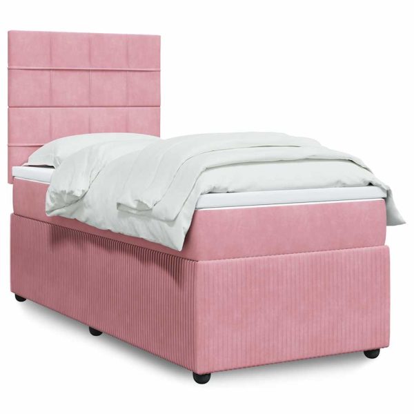 Pat box spring cu saltea, roz, 90×190 cm, catifea