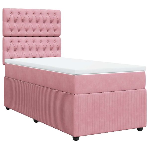 Pat box spring cu saltea, roz, 90×190 cm, catifea