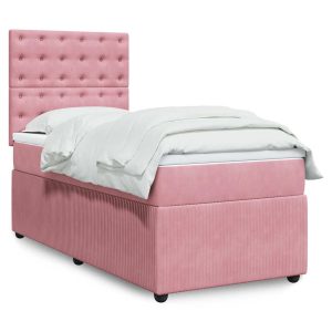 Pat box spring cu saltea, roz, 90×190 cm, catifea