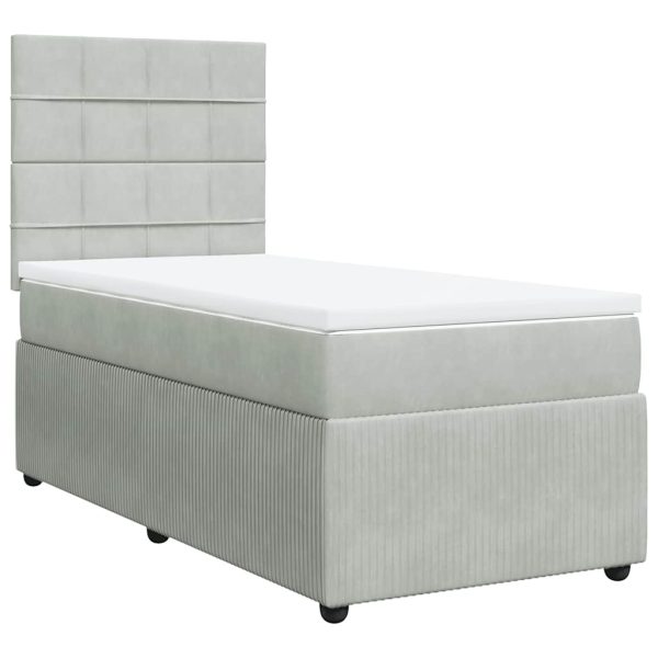 Pat box spring cu saltea, gri deschis, 90×200 cm, catifea