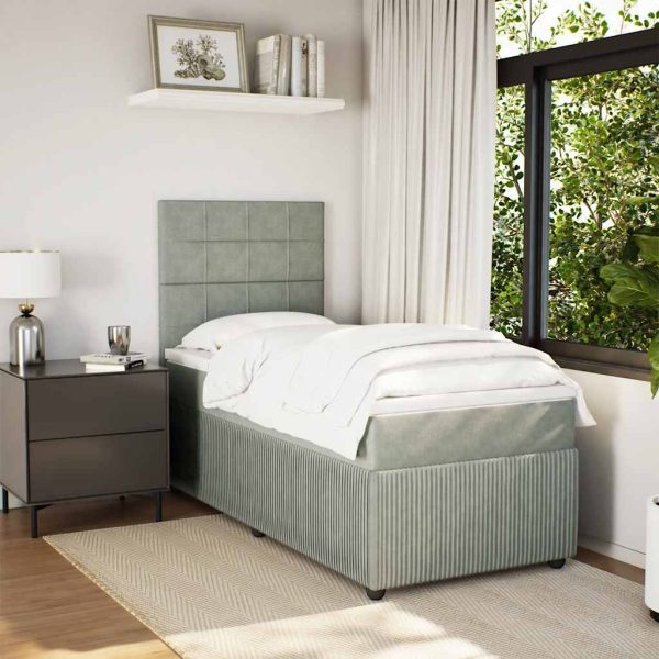 Pat box spring cu saltea, gri deschis, 90×200 cm, catifea