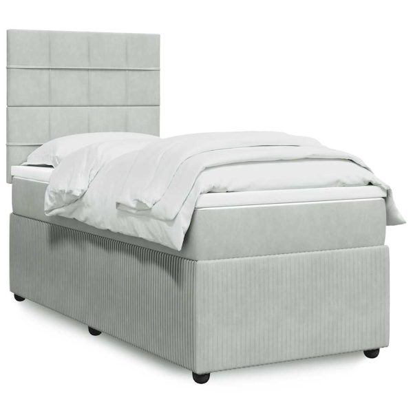 Pat box spring cu saltea, gri deschis, 90×200 cm, catifea