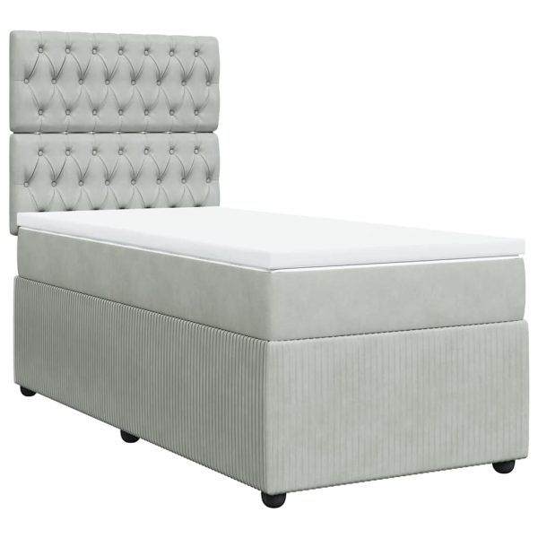 Pat box spring cu saltea, gri deschis, 90×200 cm, catifea