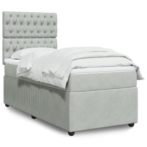Pat box spring cu saltea, gri deschis, 90×200 cm, catifea