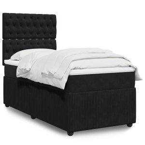 Pat box spring cu saltea, negru, 90×200 cm, catifea