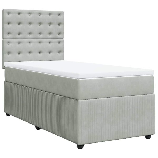 Pat box spring cu saltea, gri deschis, 90×200 cm, catifea
