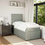 Pat box spring cu saltea, gri deschis, 90×200 cm, catifea