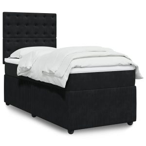 Pat box spring cu saltea, negru, 90×200 cm, catifea