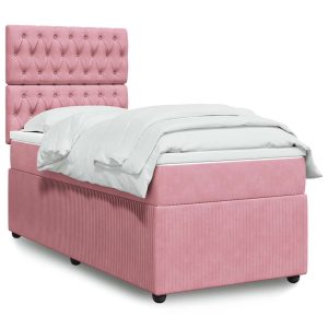 Pat box spring cu saltea, roz, 100×200 cm, catifea