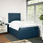 Pat box spring cu saltea, albastru închis, 120×190 cm, catifea