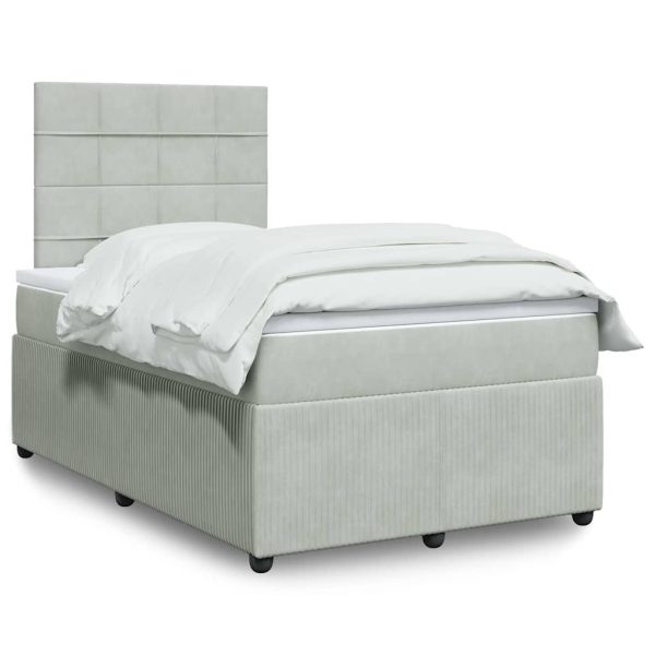 Pat box spring cu saltea, gri deschis, 120×190 cm, catifea