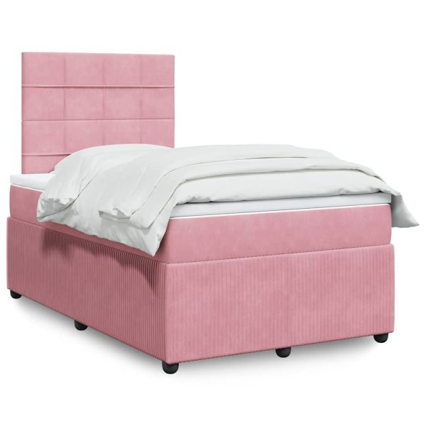 Pat box spring cu saltea, roz, 120×200 cm, catifea